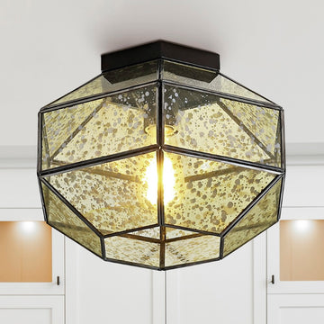 Evelyn 12.5" Vintage Farmhouse Iron/Glass LED Flush Mount - JONATHAN Y